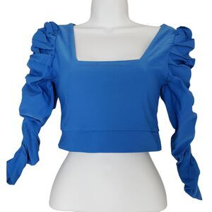 Aroma Crop Top Womens XS Blue Puff Sleeve Ruffle Blouse